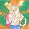 Blonde girl with blonde cat in tropical theme vector image