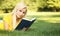 Blonde Girl with Book on Green Grass. Beautiful Wo