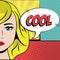 Blonde girl cool bubble speech pop art background