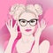 Blonde girl with glasses with pink lipstick and long nails, portrait, vector drawing