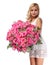 Blonde Girl with Huge Bouquet of Roses. Beautiful Young Woman