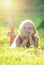 Blonde girl smiling and lying on the grass at summer sunset looking at the sky. Natural happiness, fun and harmony