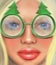 Blonde girl in transparent glasses in the shape of a Christmas tree in the style of digital oil painting