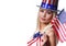 Blonde Girl waving Small American Flag isolated