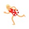 Blonde lifeguard girl character in a red swimsuit running with lifebuoy Illustration