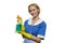 Blonde maid in yellow rubber gloves smile and holding cleaner spray on white background.