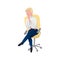 Blonde man sitting on rolling chair in contemplative pose. Psychologist profession concept.