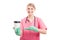 Blonde medical nurse lady showing takeaway coffee cup