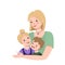Blonde mom hugs her son and daughter. Happy family day. Mother love and caring for children. International maternity day