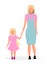 Blonde mother with cute daughter flat vector illustration. Parent with preschool girl holding hand cartoon characters isolated on