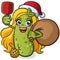 Blonde Pickle Girl Cartoon Character Dressed as Mrs Claus and playing Pickleball