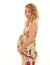 Blonde pregnant woman in print dress