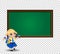 Blonde school girl near blackboard with empty copy space clip art