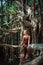 Blonde sitting on huge tree with curly hanging branches. Young attractive girl enjoying calm on Banyan tree on sunny summer day