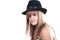 Blonde teen with black hat