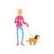Blonde teen girl walking with her dog colorful cartoon vector Illustration