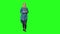 Blonde teenager girl calmly walking and drinking coffee on green screen background. Chroma key, 4k shot. Front view.