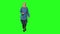 Blonde teenager girl calmly walking on green screen background. Chroma key, 4k shot. Front view.