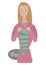 Blonde vector cartoon positive cute smiling girl in a pink dress stands and knits a green scarf isolated object