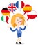 Blonde vector cartoon woman, six speech balloons with flags, speaking languages English, German, Italian, French, Polish, Spanish