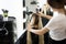 Blonde woman dying her hair at the beauty salon.