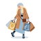Blonde woman in fashionable clothes with shopping bags. Seasonal sale. Cute vector illustration drawing in flat style. Happy woman