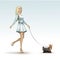 Blonde Woman Girl in Fashion Dress Walking the Dog