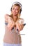 Blonde woman holding skipping rope wearing headphones