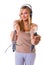 Blonde woman holding skipping rope wearing headphones