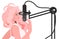 Blonde woman making online podcast girl talking to microphone at online radio horizontal