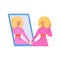 Blonde woman in pink dress flaunts, posing enjoying her reflection in the mirror, vector fashion girl, Love yourself