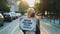 Blonde woman in protective mask holding streamer with slogan building free world