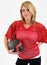 blonde woman in red mesh football jersey