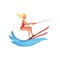 Blonde woman in red swimsuit riding waterski, water skiing, water sport activity vector Illustration on a white