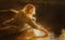 A blonde woman sits in an old fishing boat floating in the lake and touches the water surface with her hand, illuminated by the