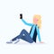 Blonde woman taking selfie photo on smartphone camera female cartoon character sitting girl posing on white background