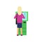 Blonde woman using cash machine ATM . Cartoon female character in pink sweater and blue skirt, back side. Banking and