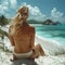 Blonde woman watching the caribbean sea