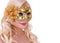 Blonde young woman with gold carnival mask isolated