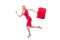 Blondie in red dress with suitcase isolated on