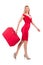 Blondie in red dress with suitcase isolated on