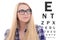 Blondie woman in eyeglasses on the background of eye test chart