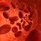 Blood cells flying through arteries.  Circulating hemoglobin blood bodies flowing inside human vein. 3d render