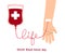 Blood donation concept. Hand with medical bag container, text Life. Hematology medicine illustration. Vector for world