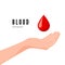 Blood Donation Concept. World blood donor day. Hand and red drop symbol of volunteer blood donation. Vector illustration