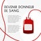 Blood donation graphic design template. Blood container illustration in medical artice. Inscription in French Become blood donor