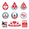 Blood donation - vector logo badges collection. World blood donor day - 14 June. Heart and blood drop illustration. Blood donate.