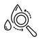 Blood drop and magnifying glass, test and analysis, isolated line icon