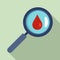 Blood drop under magnifier icon, flat style