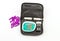 Blood glucose meter, the blood sugar value is measured on a finger pack in black case on white background.